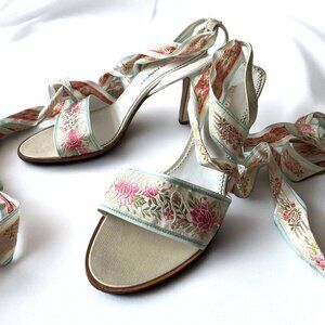 French Ribbon Satin Bridal Heels,‎ Size 37EU, Blue, Pink